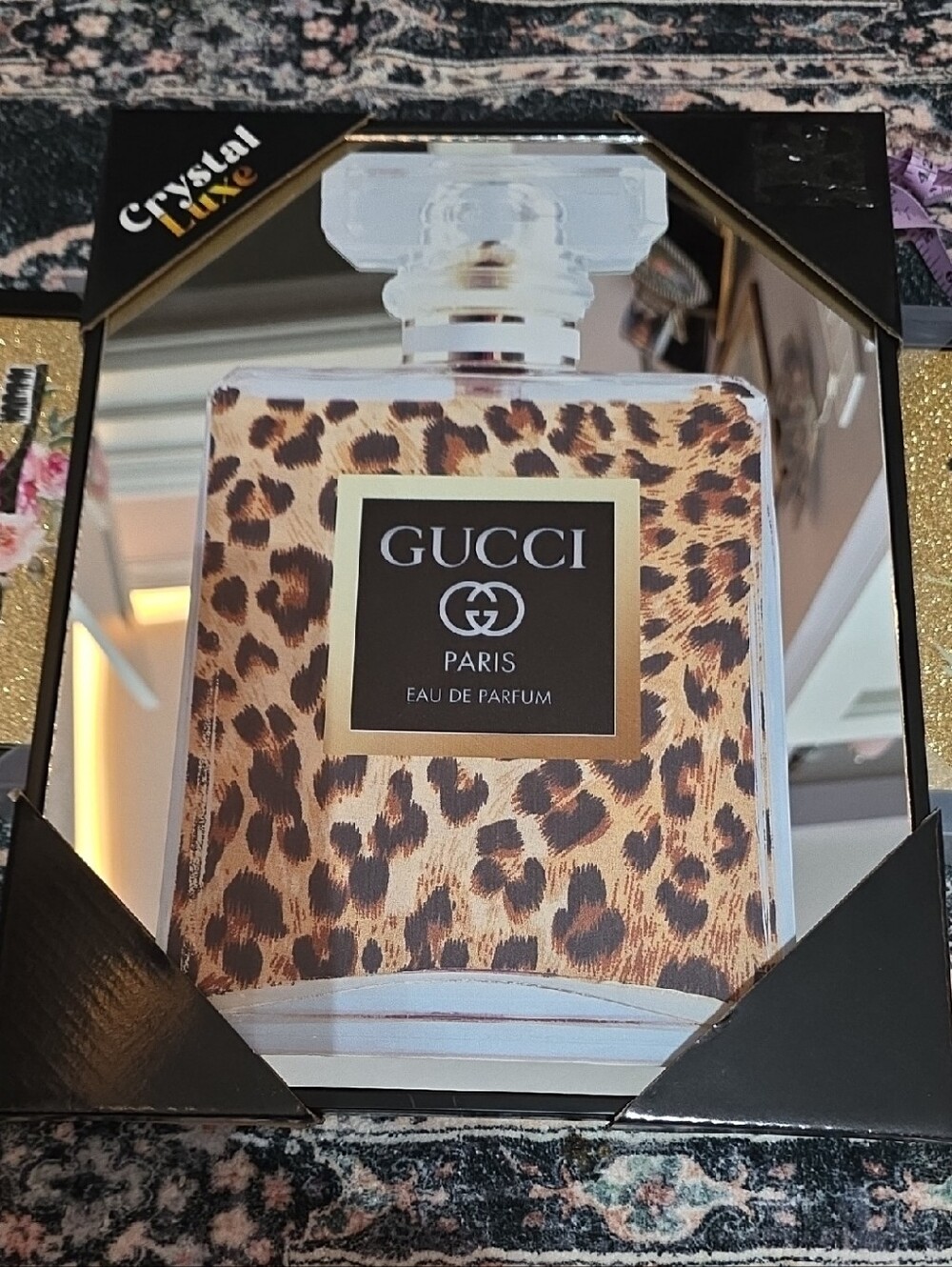 Gucci Leopard Print Perfume Bottle Wall Art — Brown, Gold, Black NEW